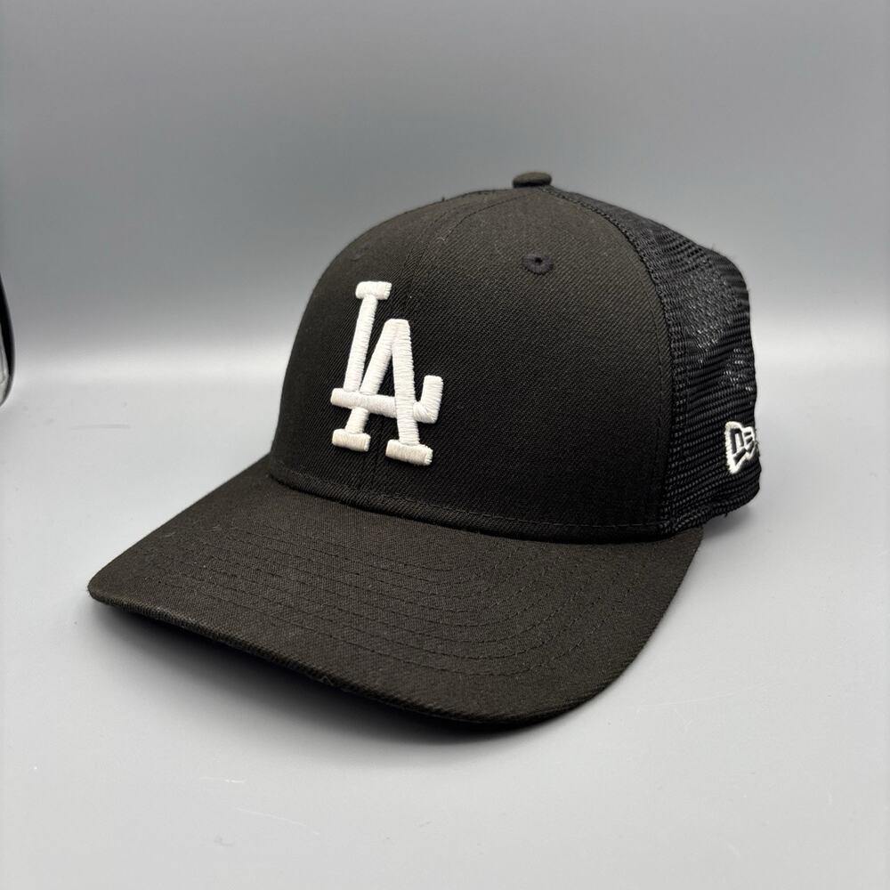LA Dodgers New Era Trucker Cap Black White Logo Mesh Snapback Hat 9Seventy